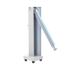 Mobile UV-C sterilization lamp on a wheeled stand, angled to disinfect an area with a blue glow.
